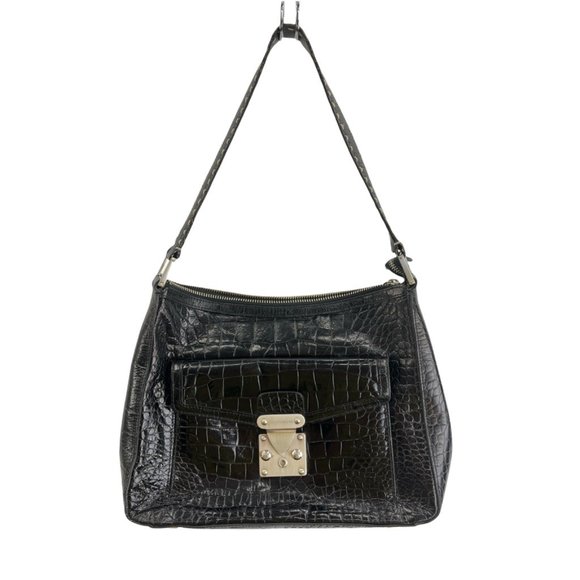 Antonio Melani Womens Shoulder Bag Black Crocodile Embossed Flap Zipper Sling M - Picture 1 of 10